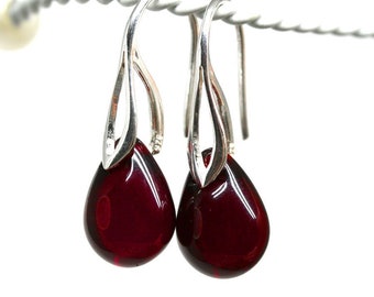 Garnet red sterling silver glass drop earrings, dark red jewelry, briolette teardrop dangle women earrings