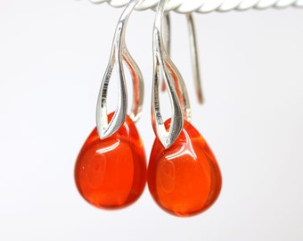 Light red earrings Orange glass tear drop jewelry
