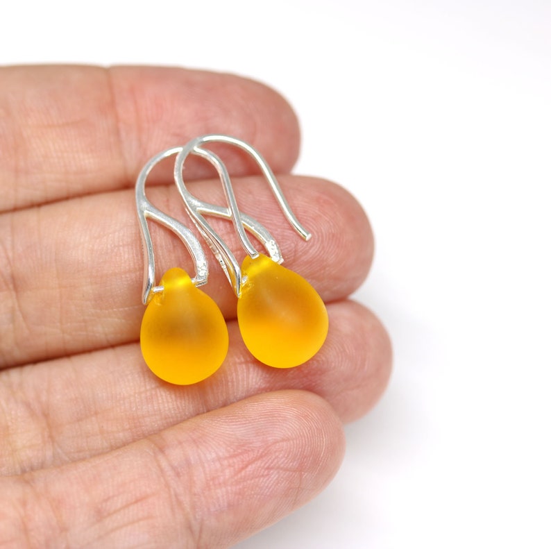 Bright yellow earrings Yellow teardrop earrings Sea glass earrings sterling silver image 5
