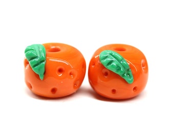 2pc Orange fruit lampwork glass round bead pair for earring making