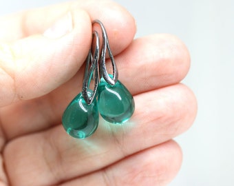 Ocean teal teardrop dangle earrings, green briolette glass jewelry