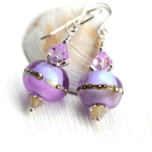 Tender Lilac Earrings, Lampwork glass Earrings, Lavender Beaded Earrings, Sterling silver,  Bohemian Jewelry by MayaHoney