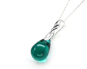 Teal green glass drop necklace teardrop pendant on chain