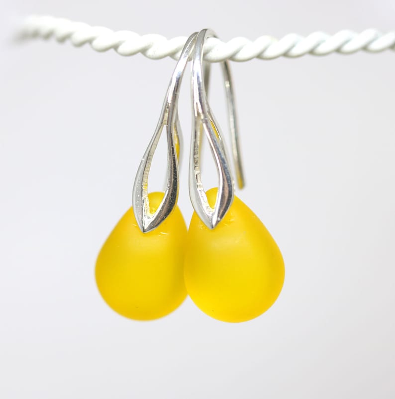 Bright yellow earrings Yellow teardrop earrings Sea glass earrings sterling silver image 3