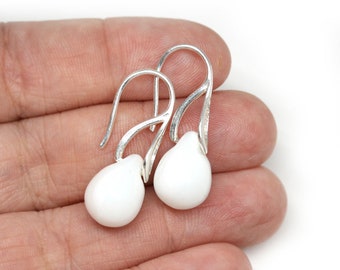 White Teardrop Earrings: Czech Glass Dangle, Sterling Silver