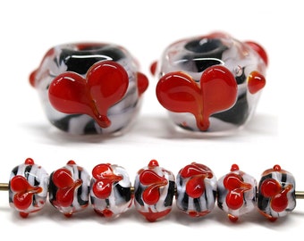 Red heart beads pair Black lampwork glass organic round beads earring making 2pc