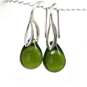 Olive green earrings sterling silver olivine czech glass teardrop jewelry