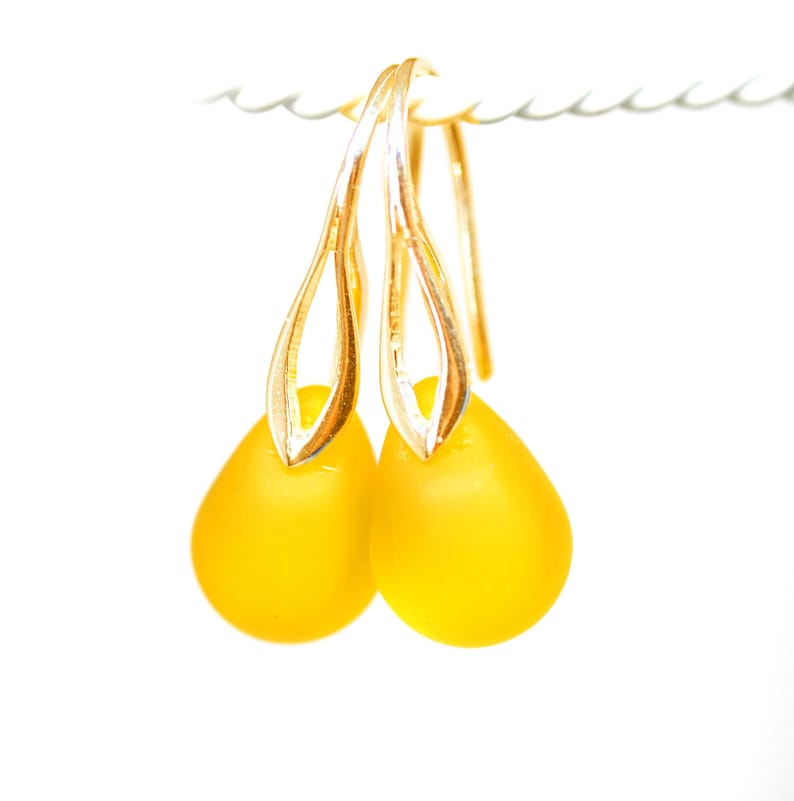 Bright yellow earrings Yellow teardrop earrings Sea glass earrings sterling silver Gold
