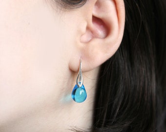 Blue teardrop earrings Aqua blue jewelry Briolette Drop earrings Sterling silver dangle earrings by MayaHoney