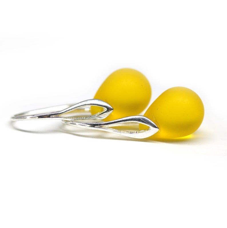 Bright yellow earrings Yellow teardrop earrings Sea glass earrings sterling silver image 2