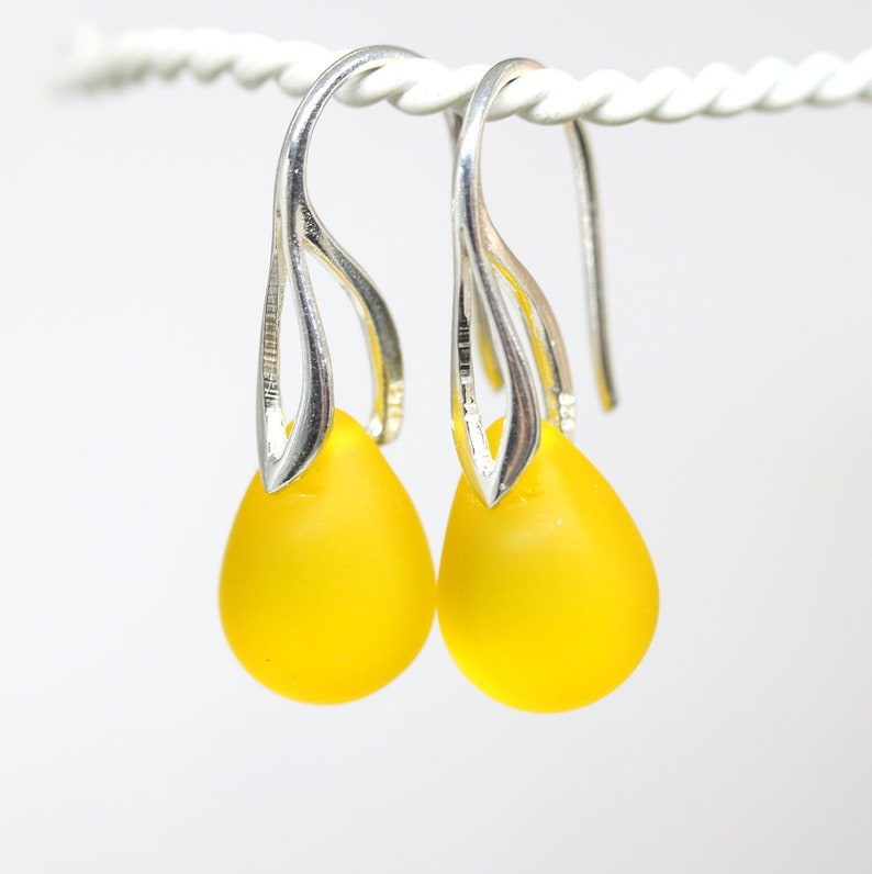 Bright yellow earrings Yellow teardrop earrings Sea glass earrings sterling silver Silver
