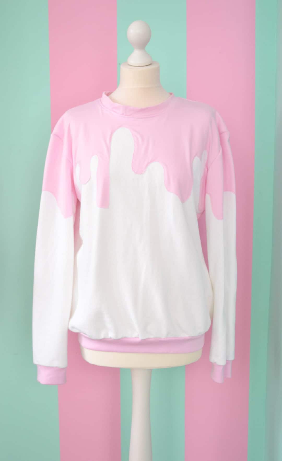 White fairy kei pullover with pink sauce Etsy Polska