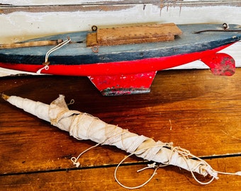 Vintage Red & Blue Pond Yacht with Original Sail.