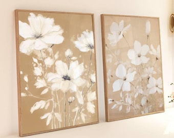 Juego de 2 impresiones de arte de pared minimalista con flores neutras en blanco y beige, hermoso diseño de interiores para dormitorio, comedor y sala de estar, decoración del hogar para enmarcar LWVG