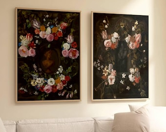 Conjunto de 2 impresiones de arte mural con pintura de flores antiguas, estilo romántico shabby chic, rosas rosas, naturaleza muerta botánica, decoración victoriana para el hogar, para enmarcar, PTF