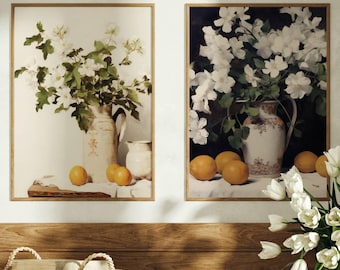 Conjunto de 2 impresiones de arte de pared con flores blancas y naranjas, bodegón, jarra blanca, fruta, diseño interior, decoración del hogar para enmarcar, LWVG