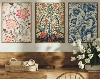Conjunto de 3 impresiones de arte de pared con pájaros florales estilo William Morris, hermosas flores rosas y azules, galería de diseñadores de interiores, decoración de habitaciones para enmarcar LVWG