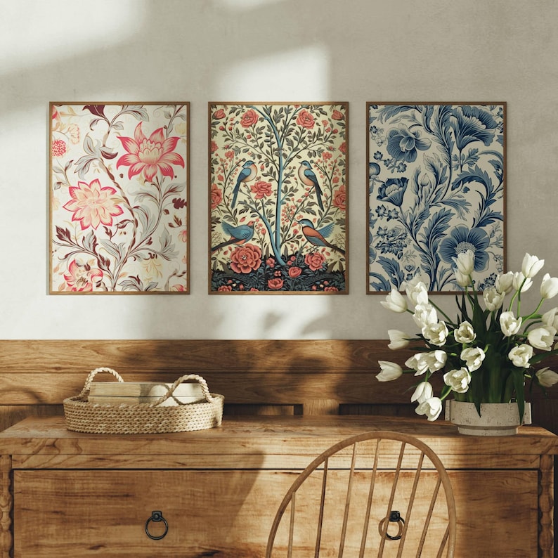 Floral Birds William Morris Style Wall Art Set 3 Prints Beautiful Pink ...