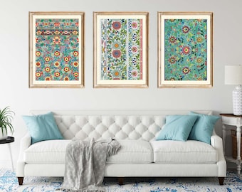 Juego de 3 impresiones de arte de pared colorido con estampado floral, póster vintage, estilo oriental chino William Morris, decoración del hogar para enmarcar ECO