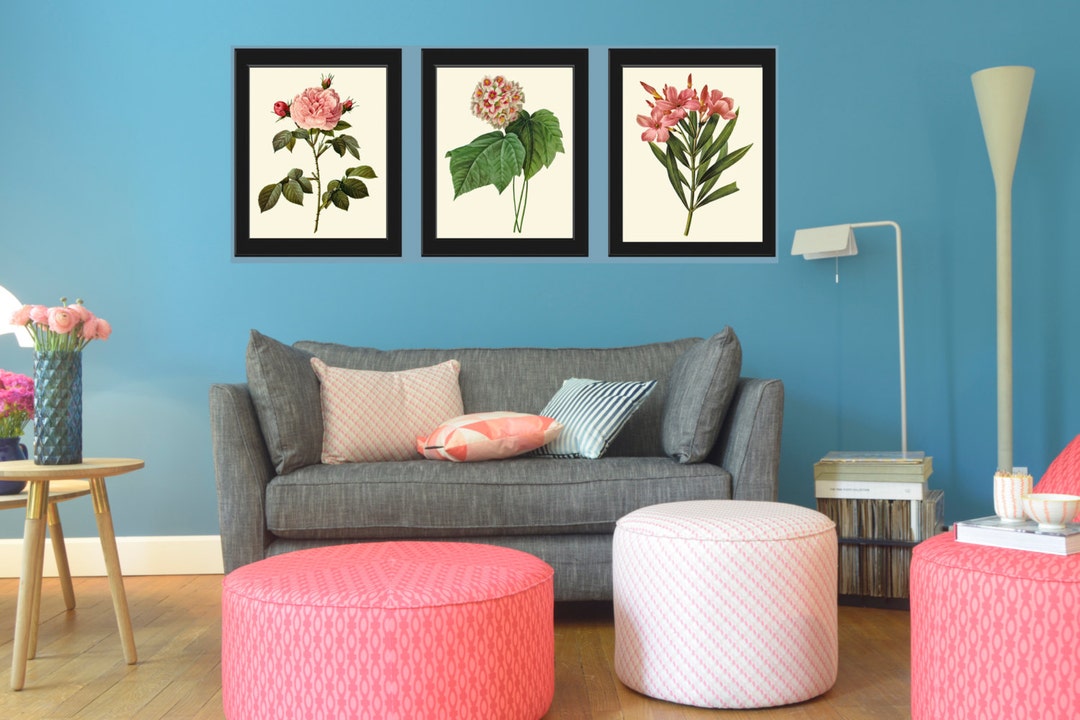 Botanical Print Set of 3 Art Redoute Antique Beautiful Flowers Pink ...