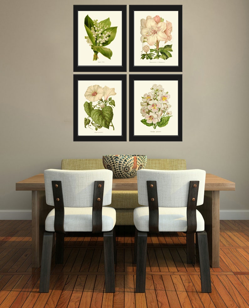 Botanical Wall Art Print SET of 4 Beautiful Antique White Flowers Lily of the Valley Rhododendron Morning Glory Moonflower Catalpa Decor IH