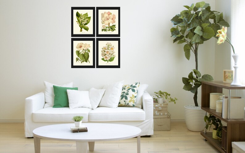 Botanical Wall Art Print SET of 4 Beautiful Antique White Flowers Lily of the Valley Rhododendron Morning Glory Moonflower Catalpa Decor IH