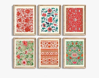 Juego de 6 impresiones de arte de pared con estampado floral textil colorido, estilo botánico, rojo agua, moderno, contemporáneo, tradicional, bohemio, decoración del hogar para enmarcar, ECO