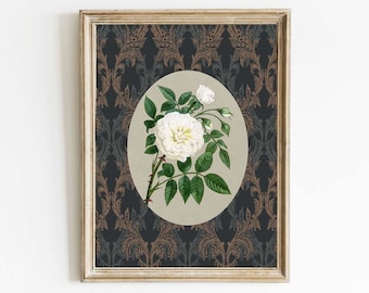 Impresión artística de pared botánica de rosa blanca victoriana, estilo shabby chic, romántico, vintage, flor, oscuro, melancólico, elegante, clásico, antiguo, decoración para enmarcar FFG10