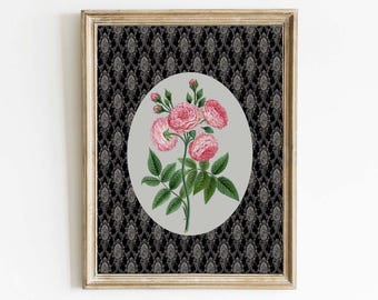 Impresión artística de pared con rosas rosas, estilo coqueto, botánico, oscuro, melancólico, victoriano, gótico, romántico, para dormitorio, comedor, sala de estar, decoración del hogar, para enmarcar, FFG24