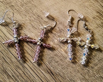 Swarovski crystal beaded cross earrings; cross earrings; crystal cross earrings; religious earrings; religious jewelry; Swarovski