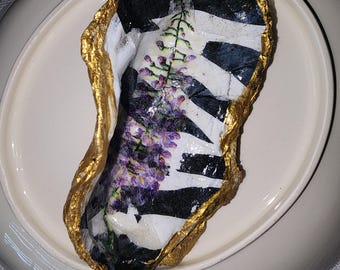 Decoupage Oyster Shell Trinket Dish, Gold Accent Jewelry Holder