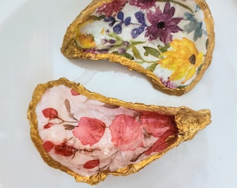 Decoupage Oyster Ring Dish, Floral Jewelry Holder, Gold Trim