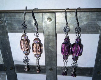 Orecchini penzoloni ametista o rosa swarovski; orecchini di cristallo fantasia; orecchini swarovski