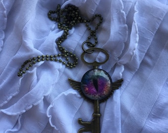 Fantasy, Steampunk, Wing, Dragon Eye, Key, Protection, Necklace, Pendant