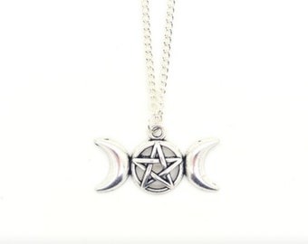 Dainty Triple Moon Goddess With Pentagram Necklace