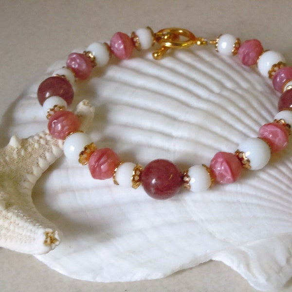 Handmade Natural Pink Gemstone and Pearl Beaded Bracelet, Rose Shaped Beads, Big Little Sorority Colors