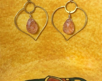 Sunstone Drop Frame Earrings, Wire-wrapped Shimmery Teardrop Orange Gemstone