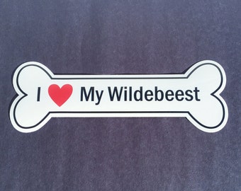 I Heart My Wildebeest Bumper Sticker - White, Bone-Shaped (I Love My Wildebeest)