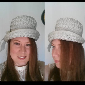 Vintage Asymmetrical Straw Cloche Hat from the 1960s / Summer Mod Style Hat for Women Seafoam Green / Asymmetric Hat with Upturned Brim