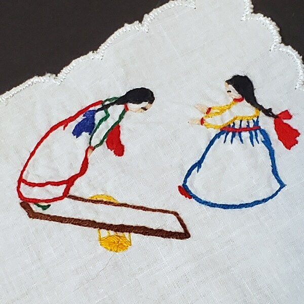 Vintage Korea Souvenir Handkerchief - Embroidered Hanky - two Korean girls playing balance games