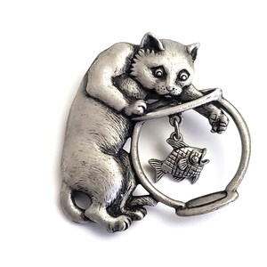 Vintage JJ Brooch - Pewter - cat with fishbowl and dangling fish - Jonette Jones signed