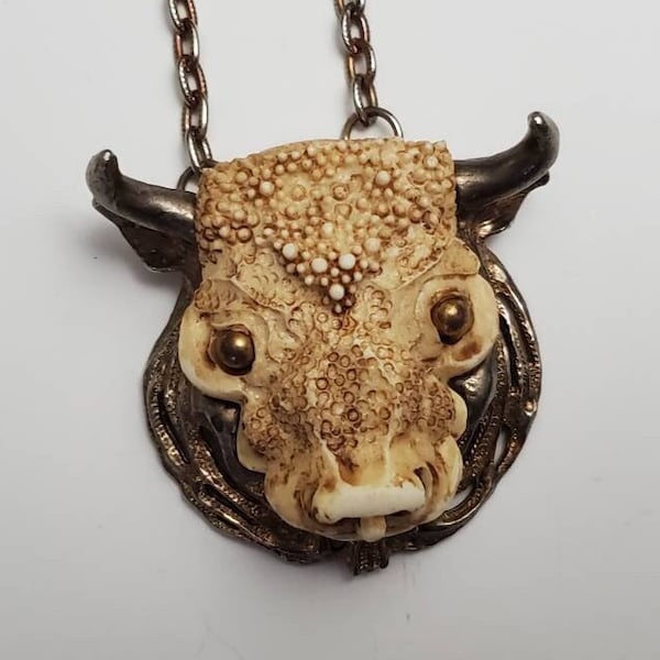 Vintage Large Razza Taurus Necklace - Big Signed Razza Gold Tone Zodiac Bull Necklace