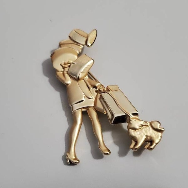 Vintage AJC Signed Brooch - Woman with Packages and Dog Large Gold Tone Shoulder Pin