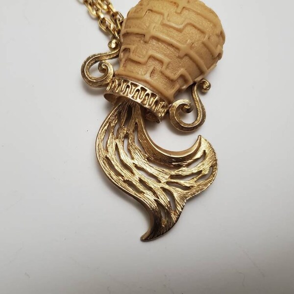 Vintage Huge Razza Aquarius Necklace - Large Signed Razza Gold Tone Zodiac Water Necklace