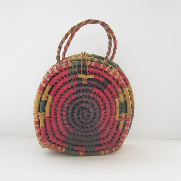 Vintage Small Raffia Purse - Colorful Straw Handbag - Mexican Coil Bag - Raffia Clutch Bag - Vintage Souvenir Basket Purse