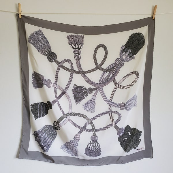 Vintage Gray Tassel Print Silk Scarf for Women by Aquascutum of London