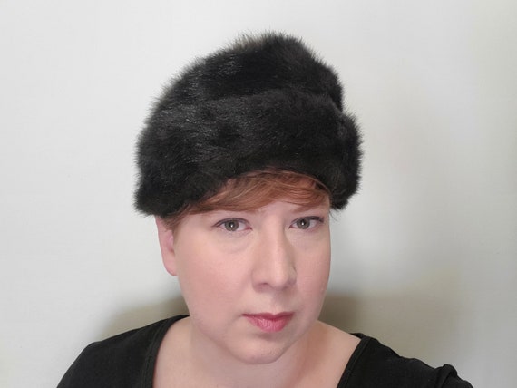 Vintage Faux Fur Hat 1960s Dark Brown Fake Fur Winter Hat for Women