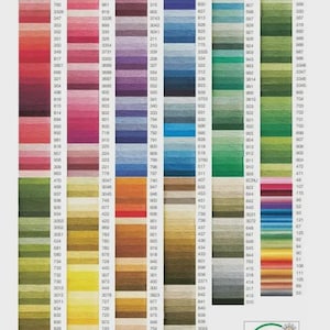 May include: A pearl cotton embroidery thread color card featuring a grid of numerous thread samples in a wide spectrum of colors, each labeled with a numerical reference code. The document includes the text LES FILS A BRODER and W100B.