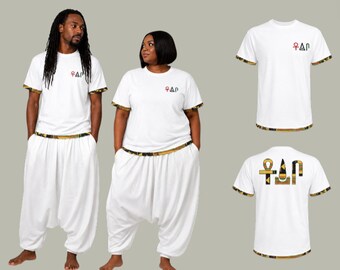 Juneteenth Ankh Udja Seneb Kente1 T-Shirt: Life, Prosperity, Health Embroidery (White RBG)_ Adult
