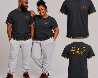 Embroidered Ankh Udja Seneb Kente1 Cotton Shirt – Life Prosperity Health Symbol (Black RGG) Adult